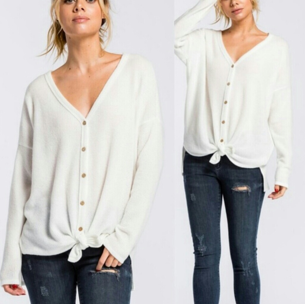 LAST 1! Cream waffle knit button up tie front top - Picture 1 of 6